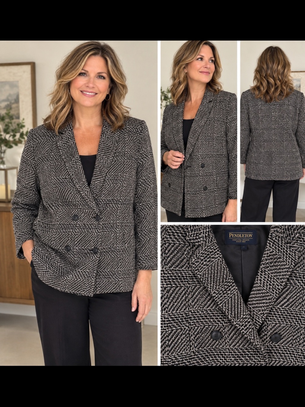 Pendleton Glen plaid wool double breasted blazer. Black white tan academia 10